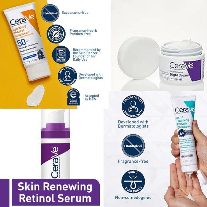 Complete Skin Care bundle – Night Cream, Retinol Serum, Acne Foaming Cleanser & Hydrating Mineral Sunscreen